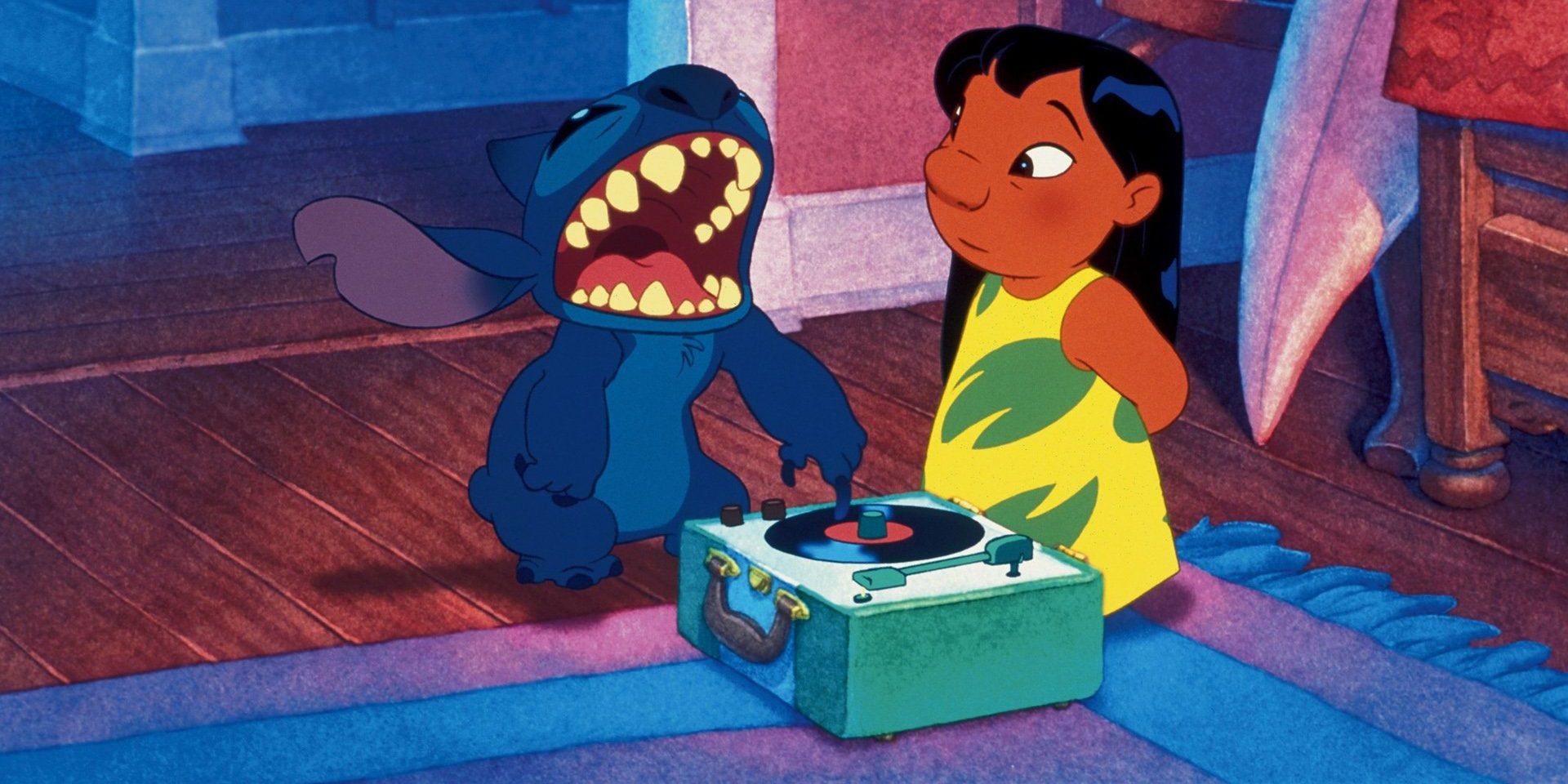 Stitch touches the record and Lilo looks at him in Lilo & Stitch
