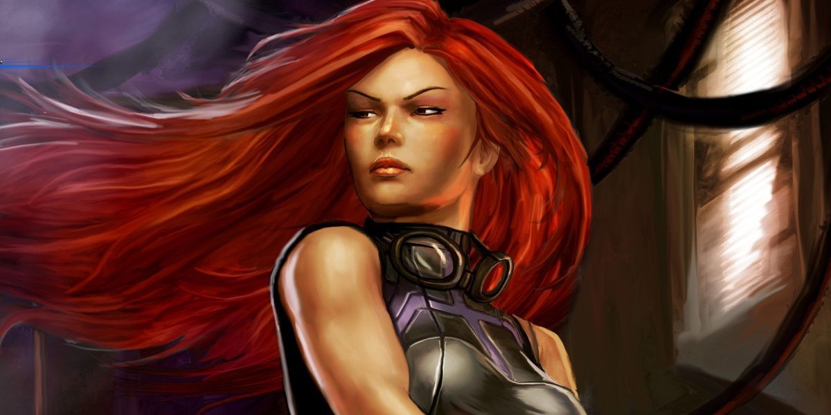 Mara Jade - Star Wars Legends-personage met kop en schouders van dichtbij met rood haar dat achter haar aan vliegt