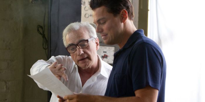 Martin Scorsese and Leonardo DiCaprio filming The Wolf of Wall Street