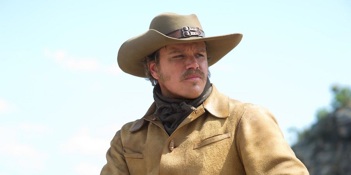Matt Damon with a cowboy hat in True Grit