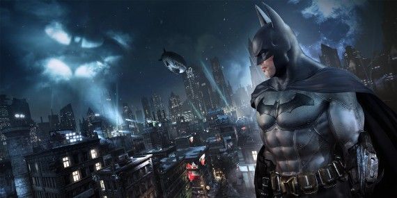 Batman overlooking Gotham City in Return to Arkham