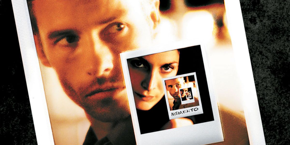 Blended image showing a poster for Memento.