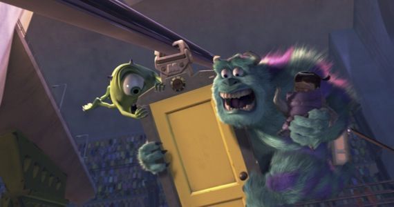 Mike, Sully and Boo in the door sequence from Monsters, Inc.