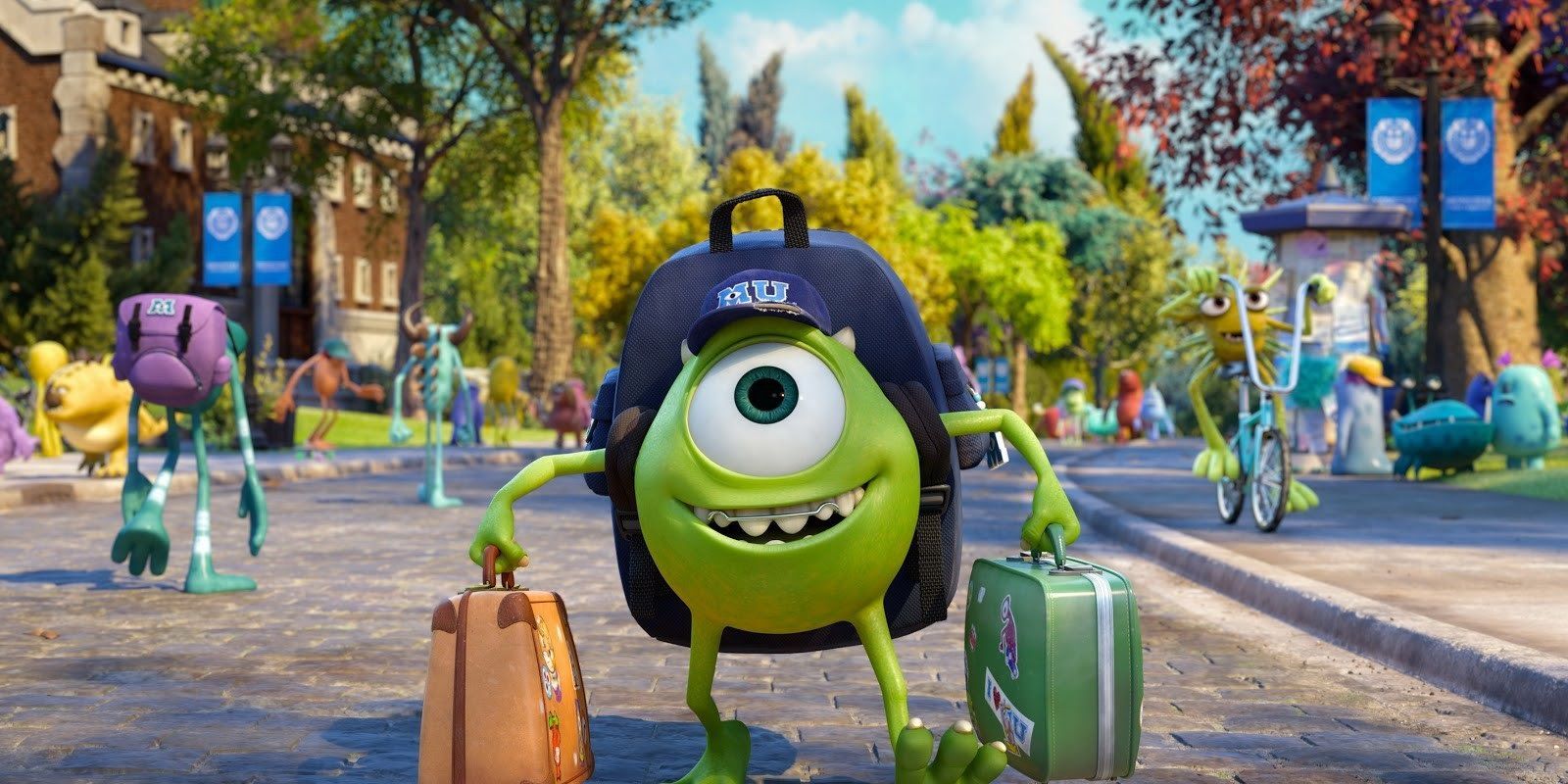 Mike enters college campus with suitcases in Monsters University