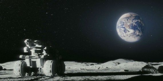 A rover overlooking earth in the sci-fi film Moon (2009)