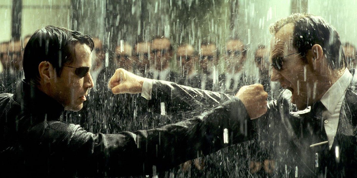 Neo fighting against Mr. Smith under the rain in Matrix Revolutions.