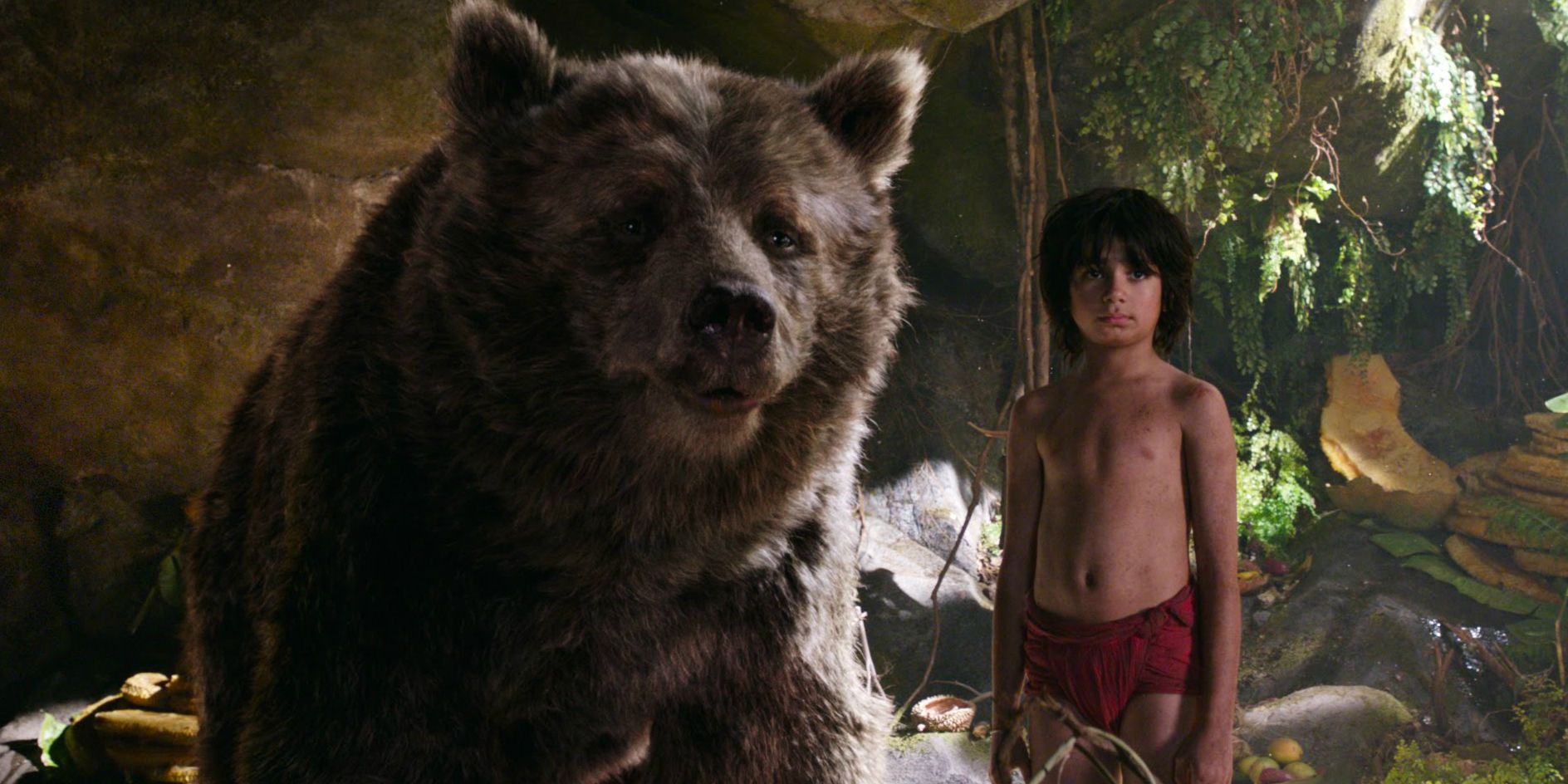 Baloo (Bill Murray) and Mowgli (Neel Sethi) in The Jungle Book