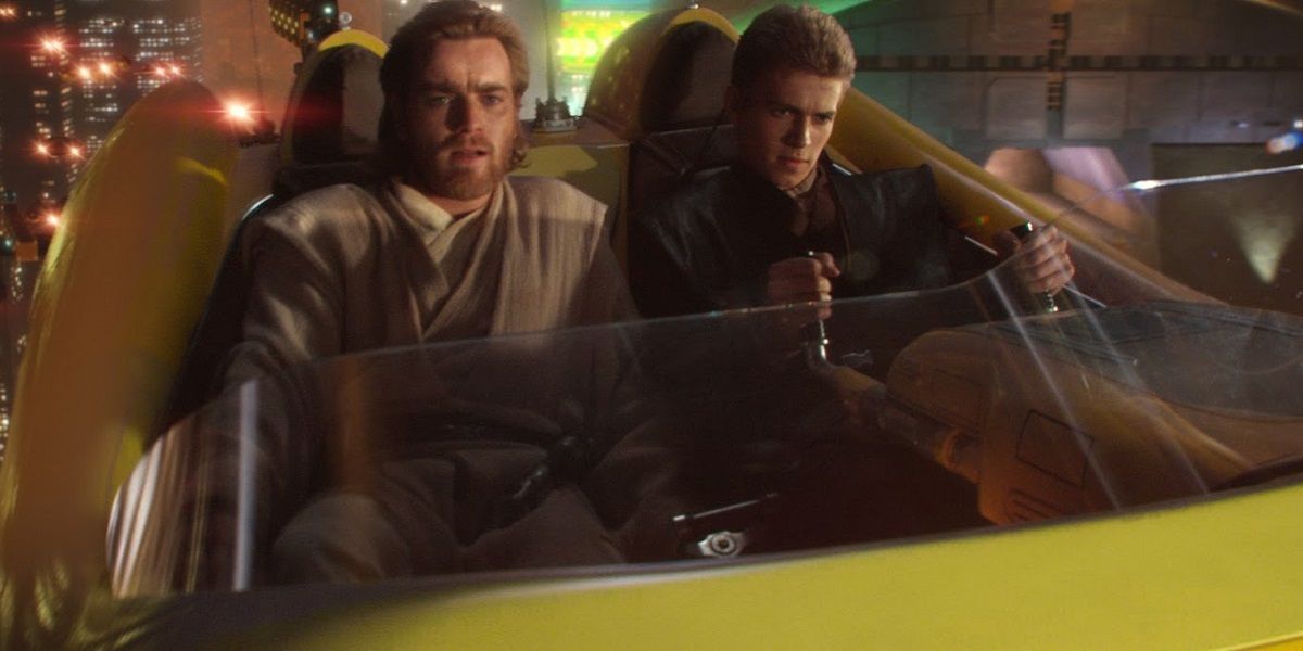 Obi-Wan and Anakin in a speeder in Star Wars: Attack of the Clones