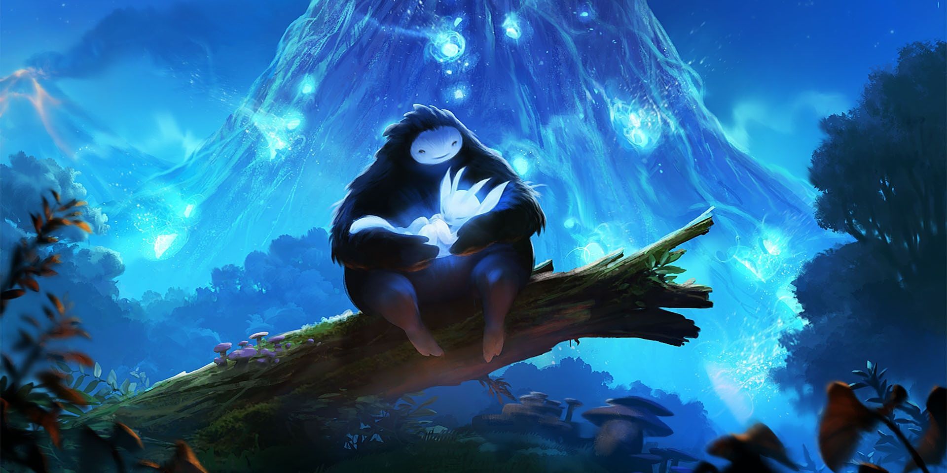 Naru acuna a un Ori resplandeciente en un árbol caído en The Blind Forest.