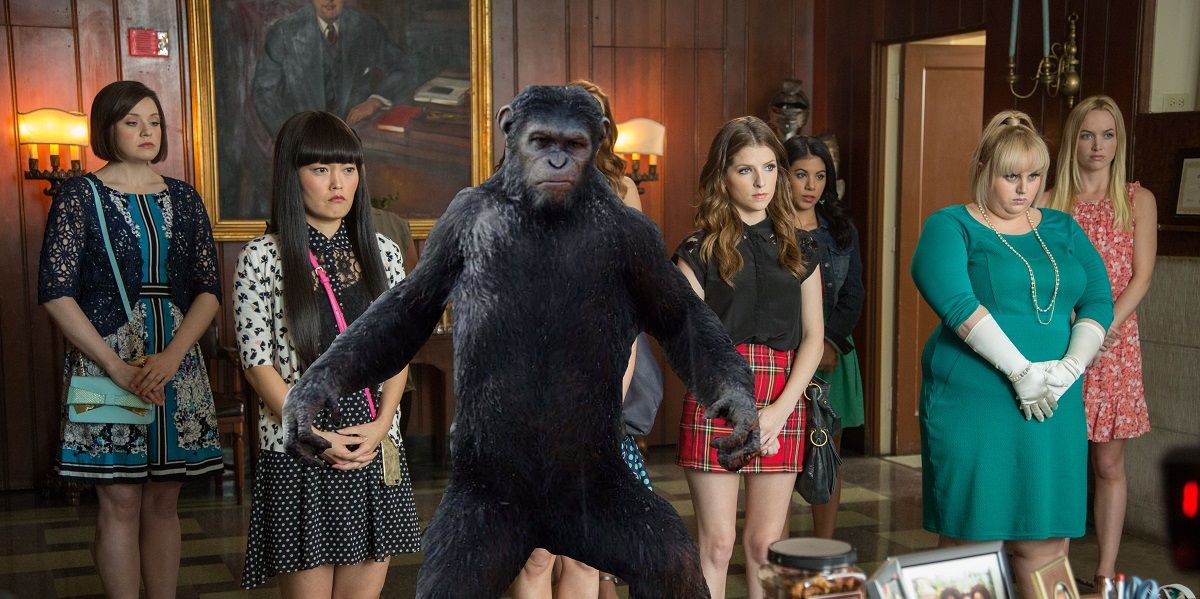 Anna Kendrick, Rebel Wilson and Caesar in Planet of the Apes Pitch Perfect - Most Ridiculous Movie Crossovers