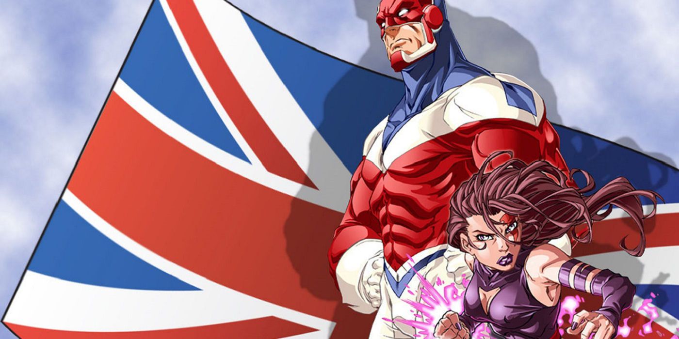 Psylocke and Captain Britain Union Jack in the background