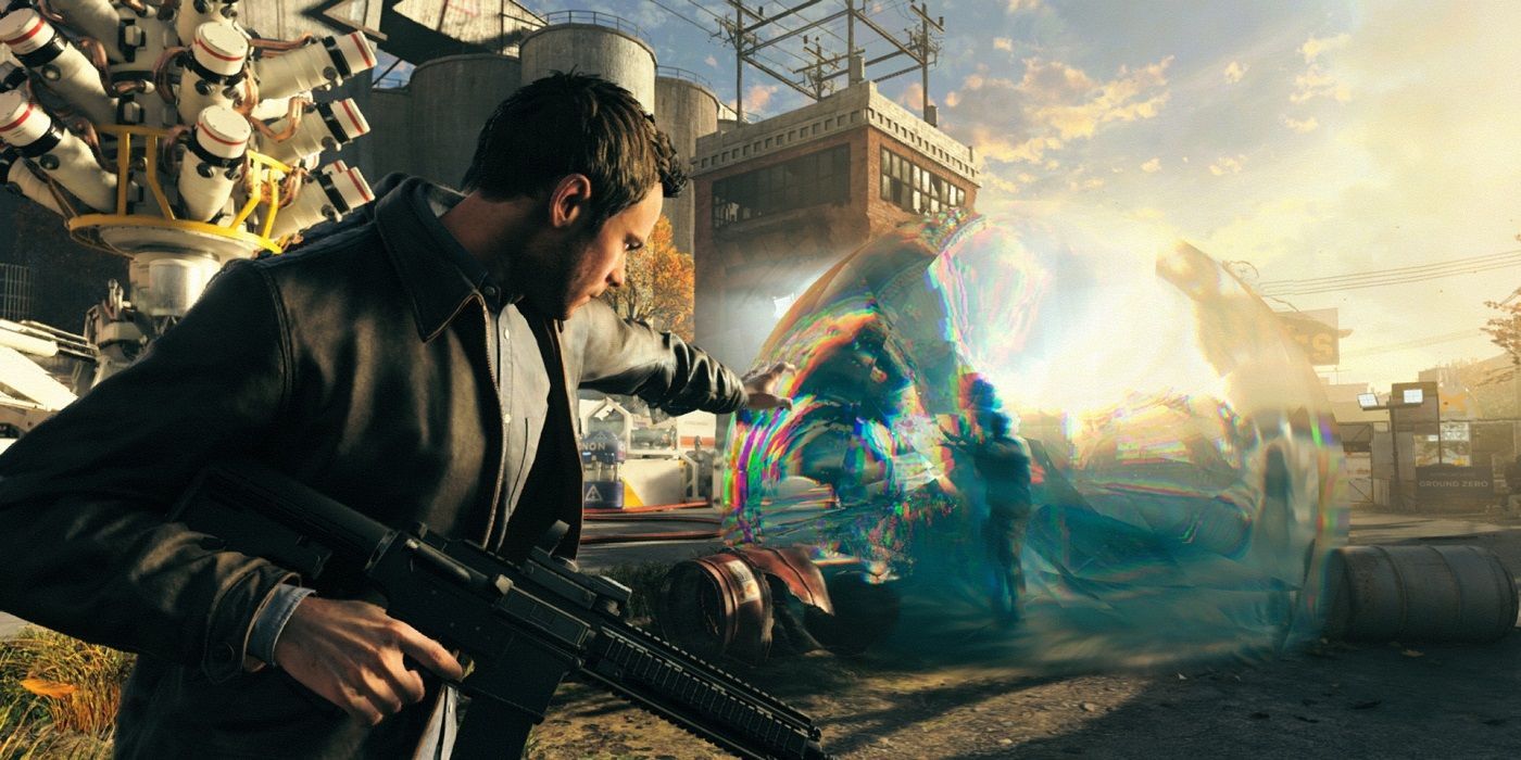 Shawn Ashmore in Quantum Break holding gun in one hand and using forcefield with his other