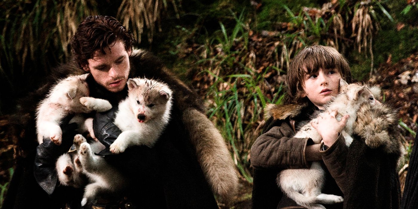 Robb and Bran Stark with Direwolf Pups