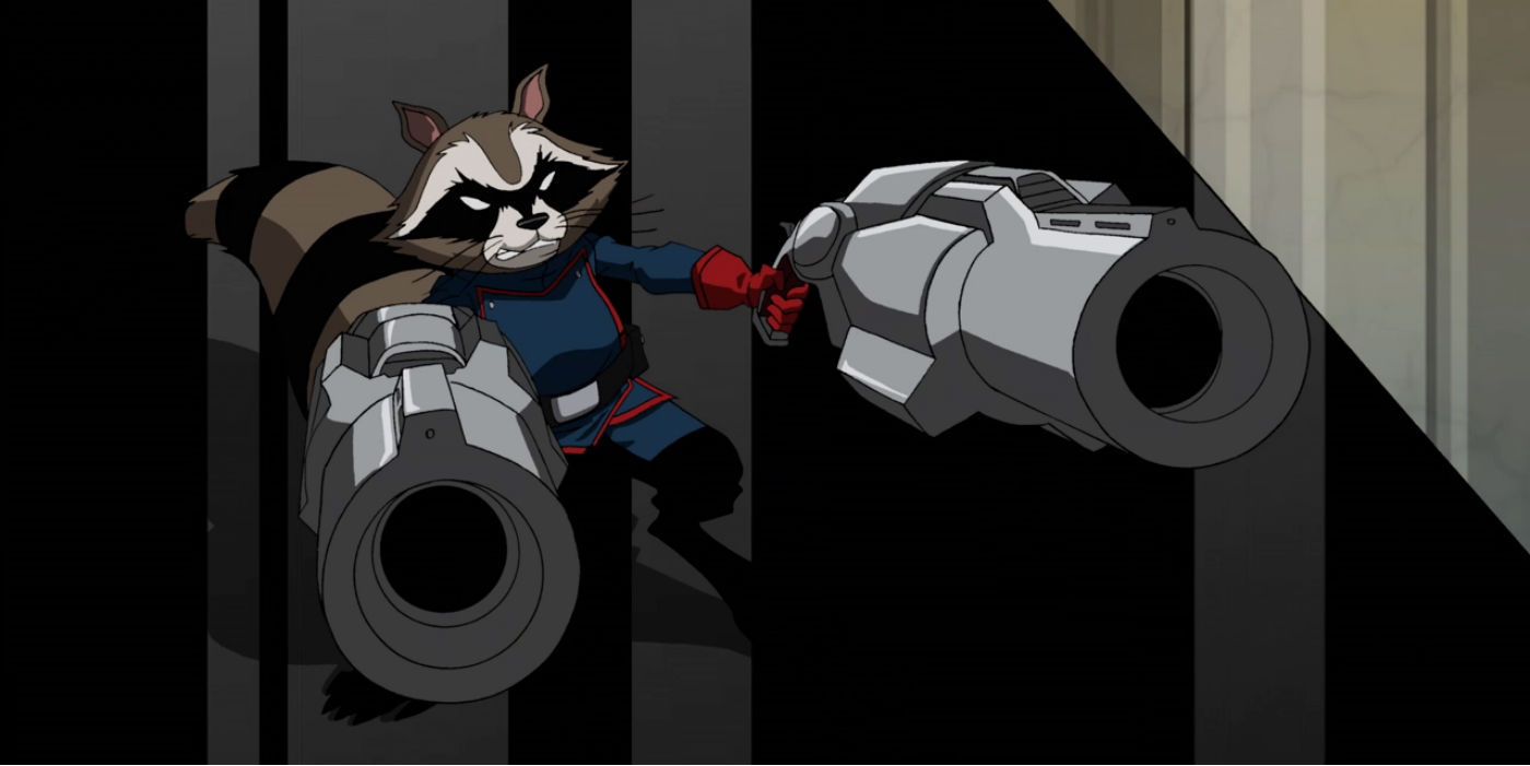 Rocket Raccoon brandishing his guns