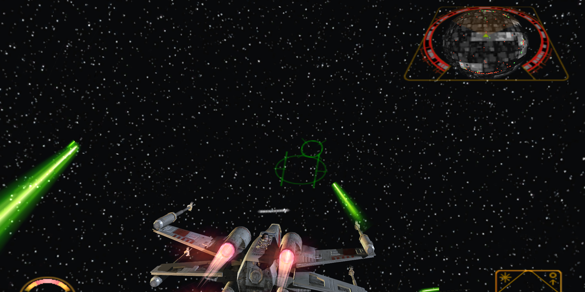 An X-Wing flying through space in Star Wars Rogue Leader.