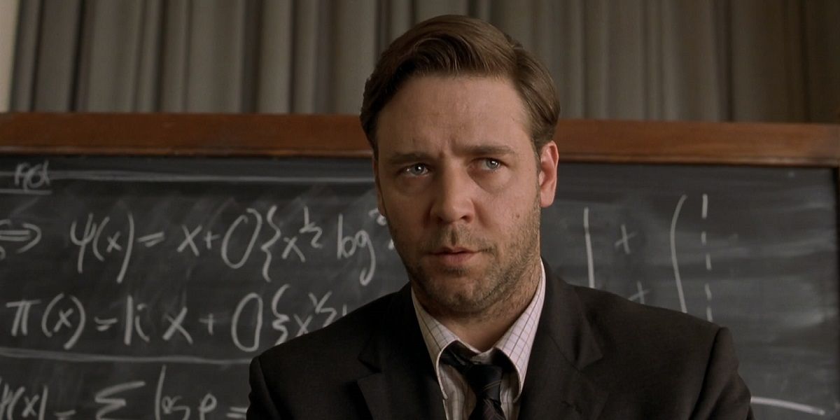 Russell Crowe stands in front of a blackboard as John Nash