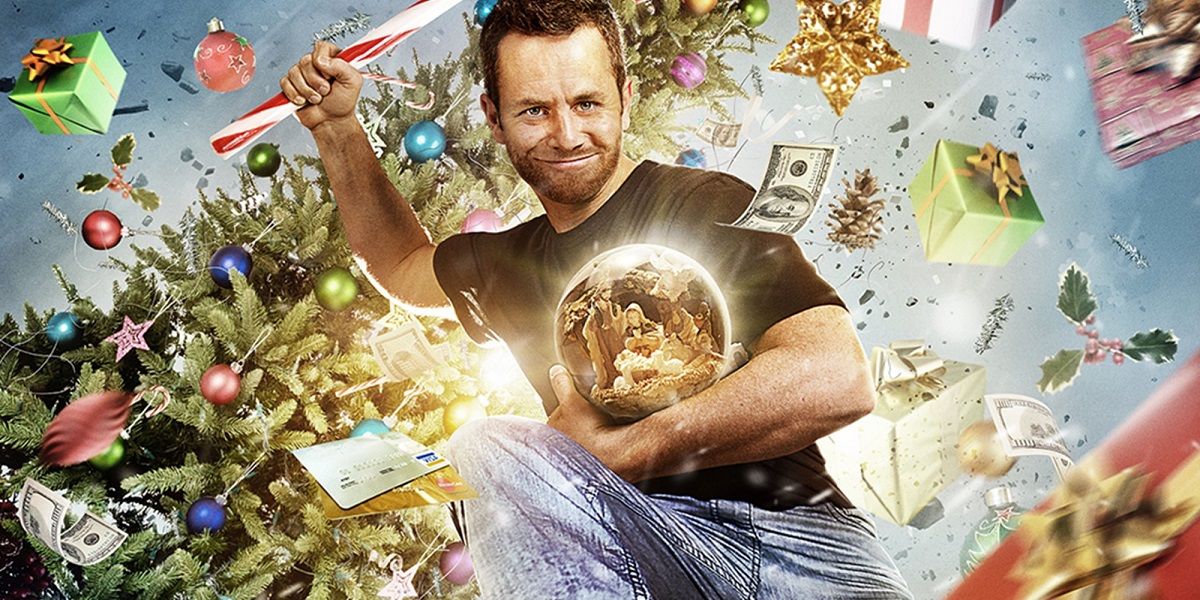 Kirk Cameron jumping in a poster for Saving Christmas