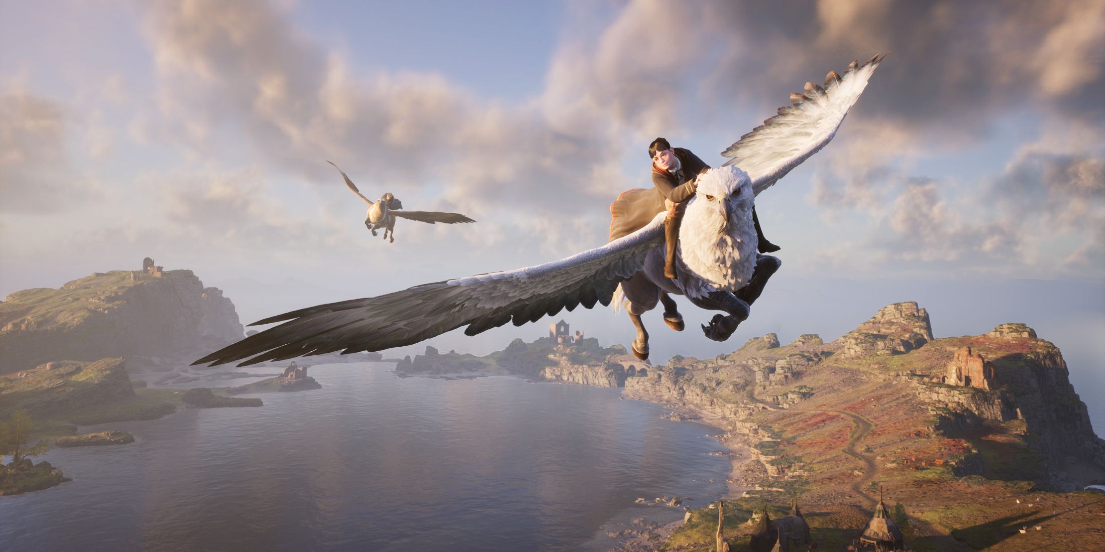 A player flying a white Hippogriff over a lake in Hogwarts Legacy.