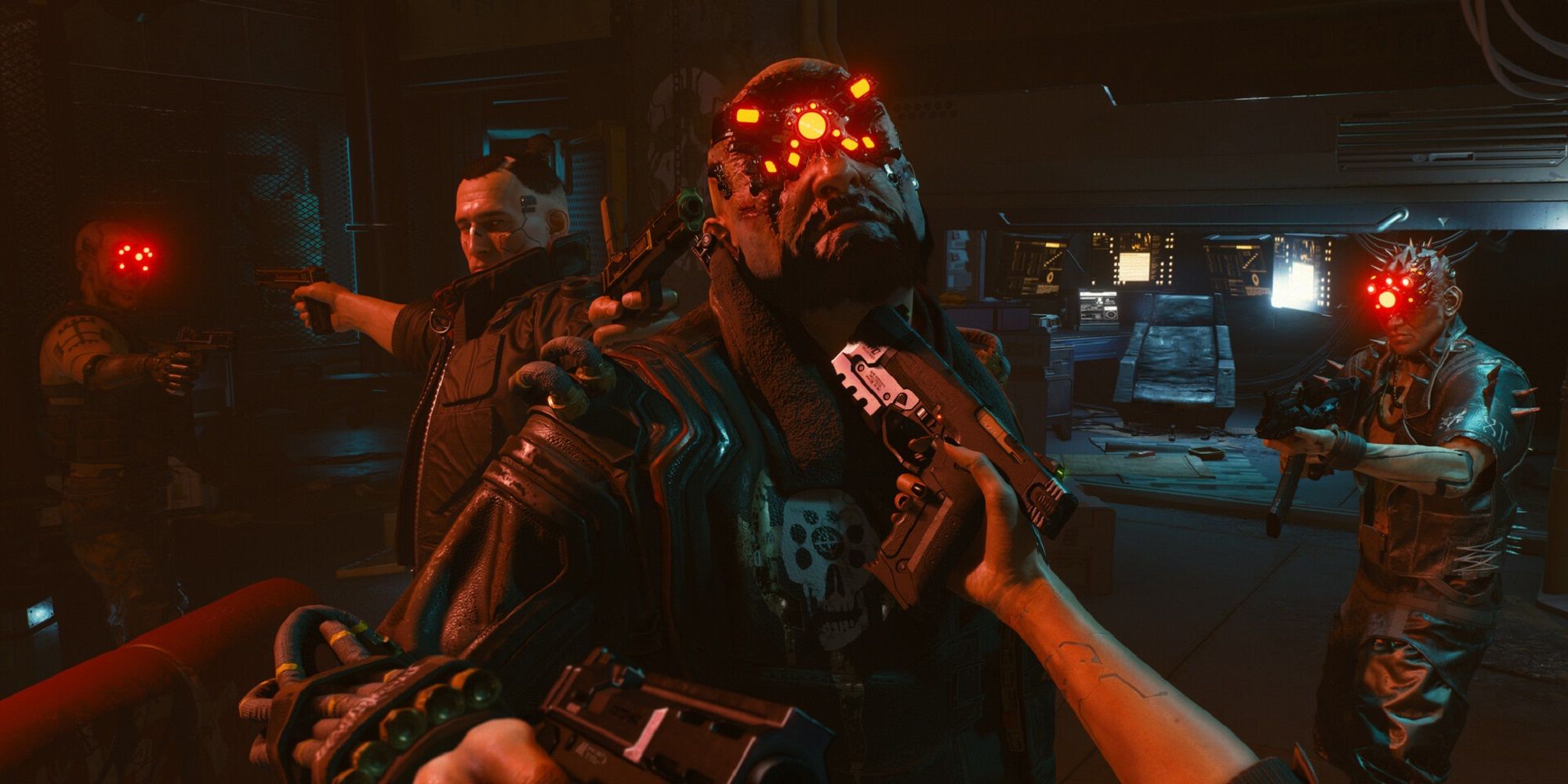 V from Cyberpunk 2077 pointing a gun at Royce's head while Jackie aims at a Maelstrom gang member.