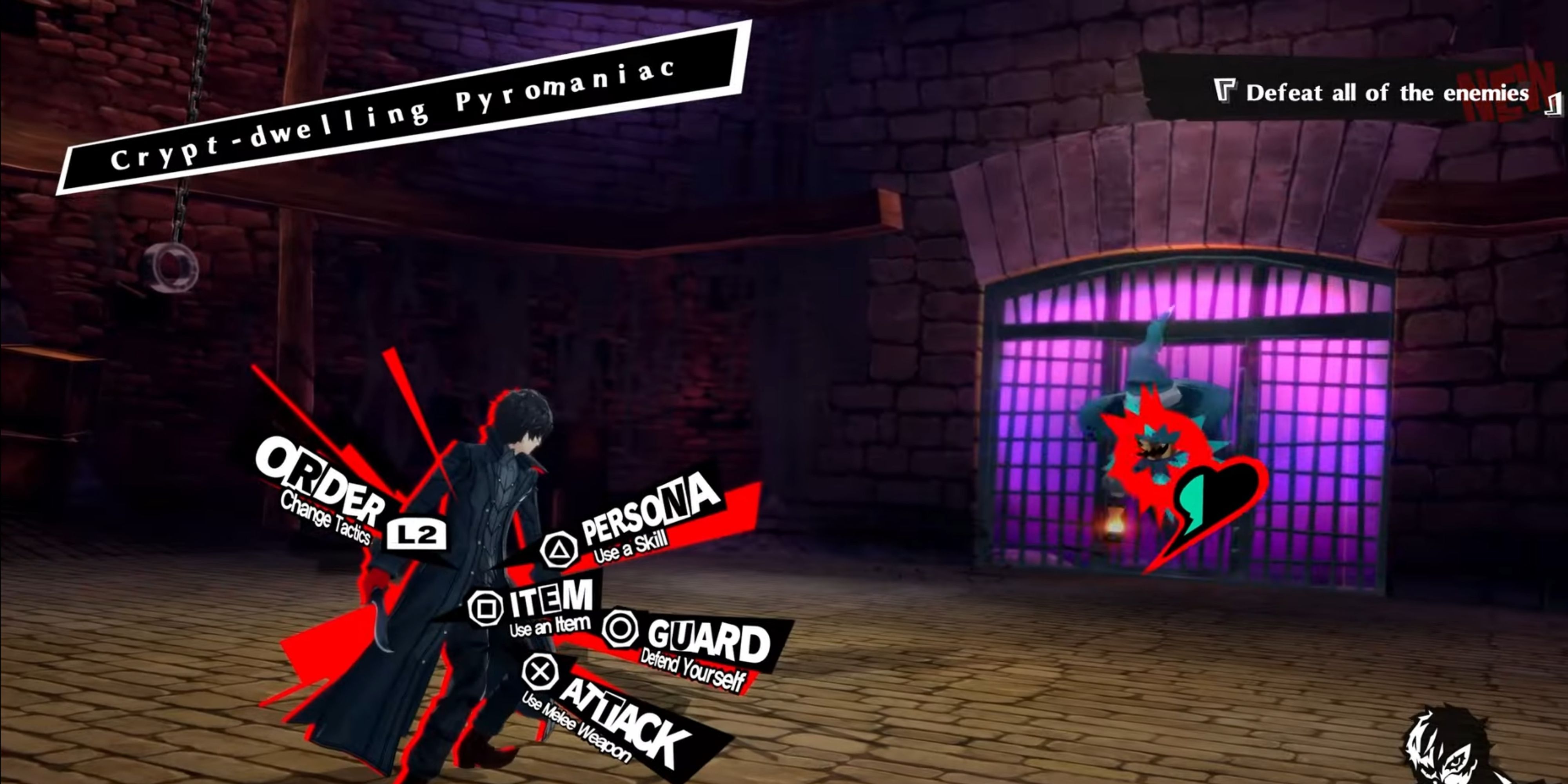 The player targeting an enemy in a Persona 5 battle as Joker.