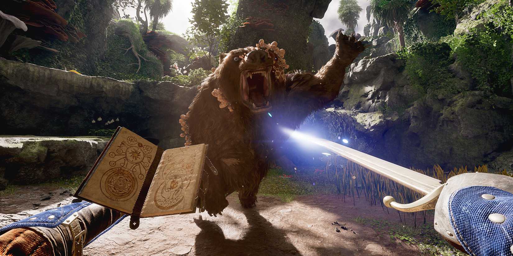 A player in Avowed aiming their sword at a creature and holding a book open.