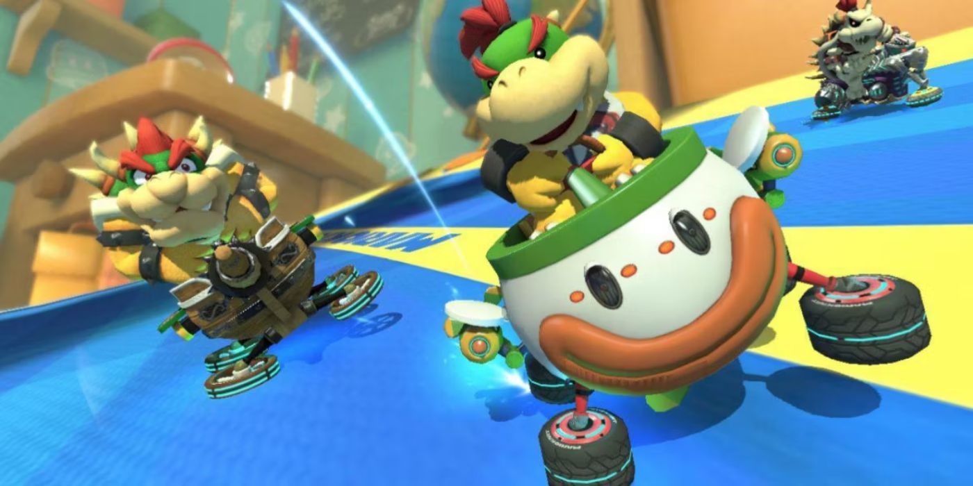 Bowser, Bowser Jr., and a skeletal Bowser racing in Mario Kart 8.