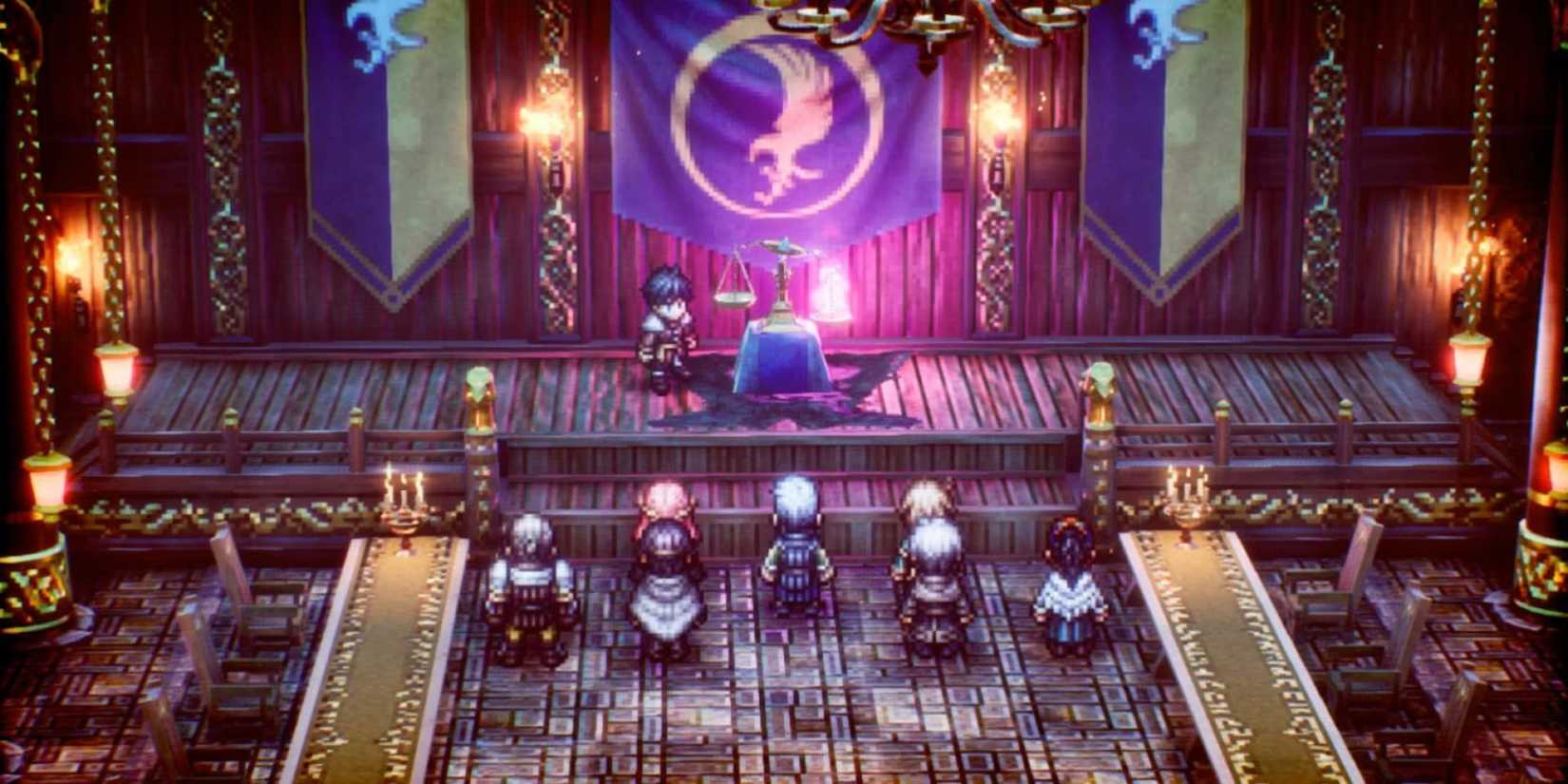 characters gather in front of a scale in triangle strategy