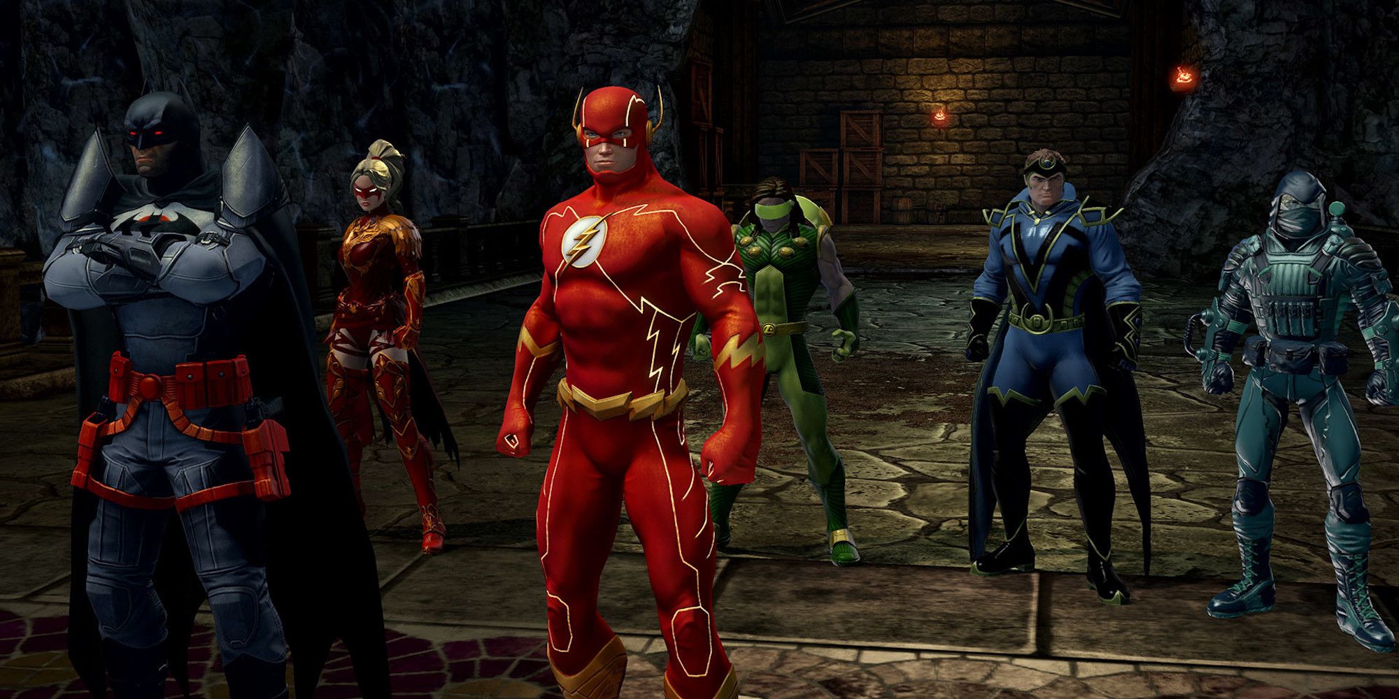 Several characters are standing next to each other in DC Universe Online.
