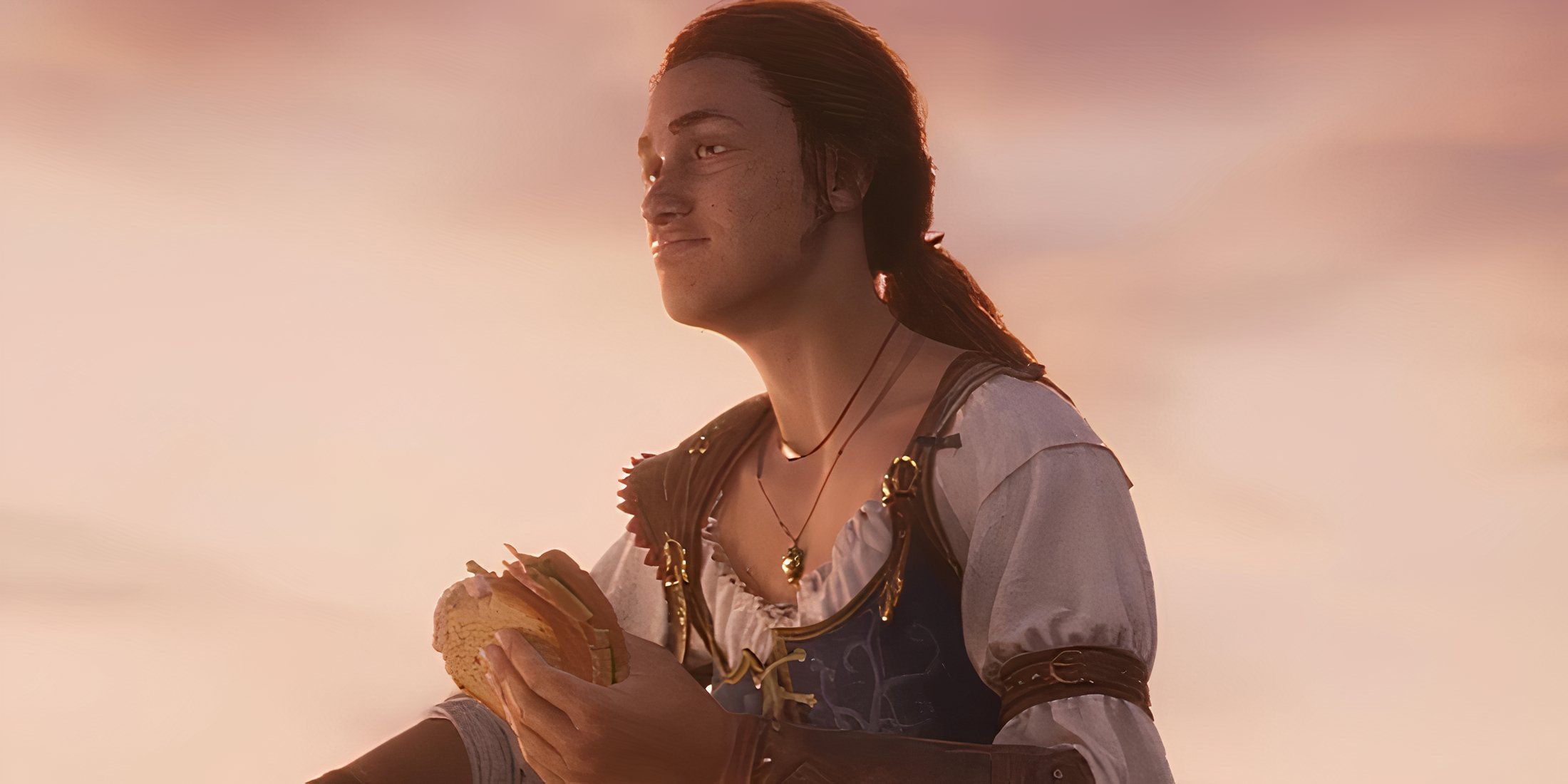 The female Fable protagonist holding a sandwich and looking happy.