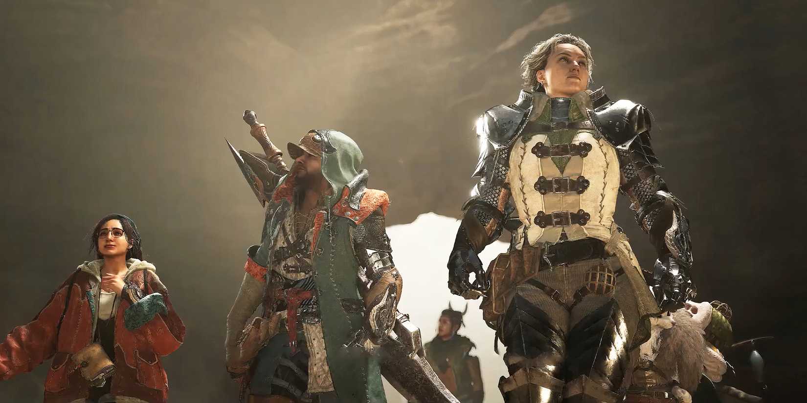 The player walking with Olivia in a cave in Monster Hunter Wilds.
