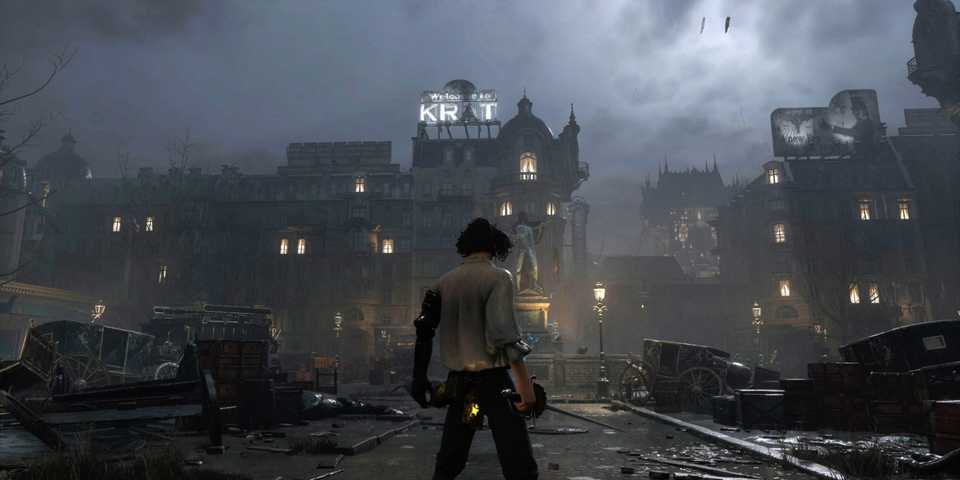 Lies of P protagonist with his back to the player, in a dark and decrepit city.