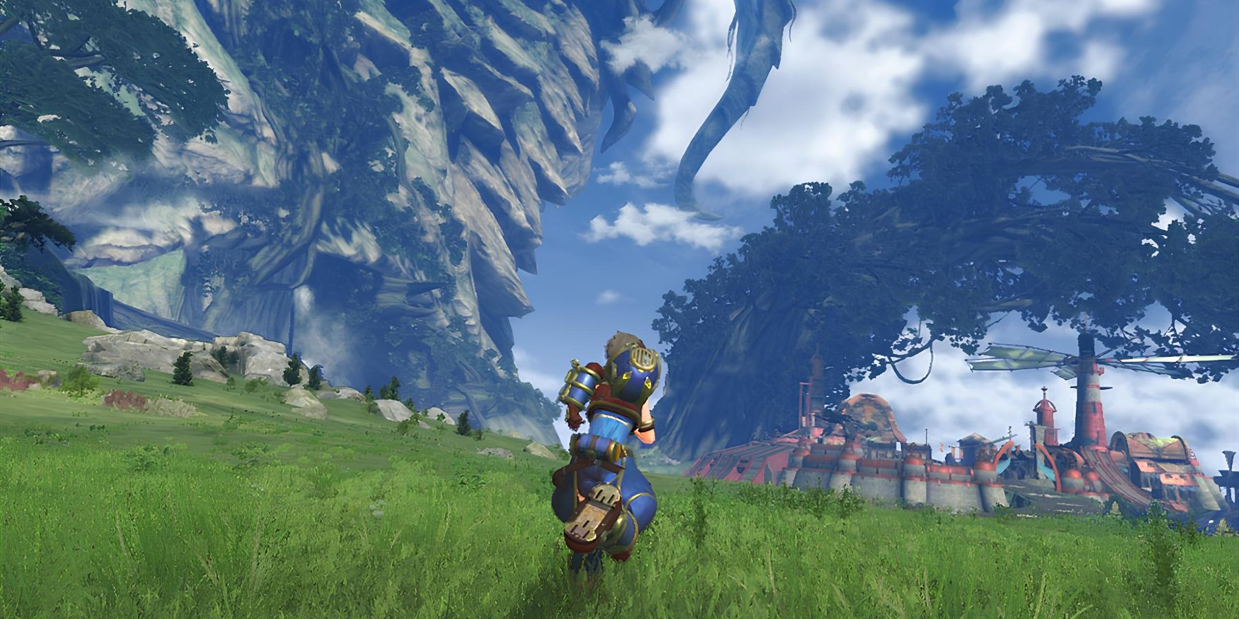 Rex running through Gormott near Torigoth in Xenoblade Chronicles 2.