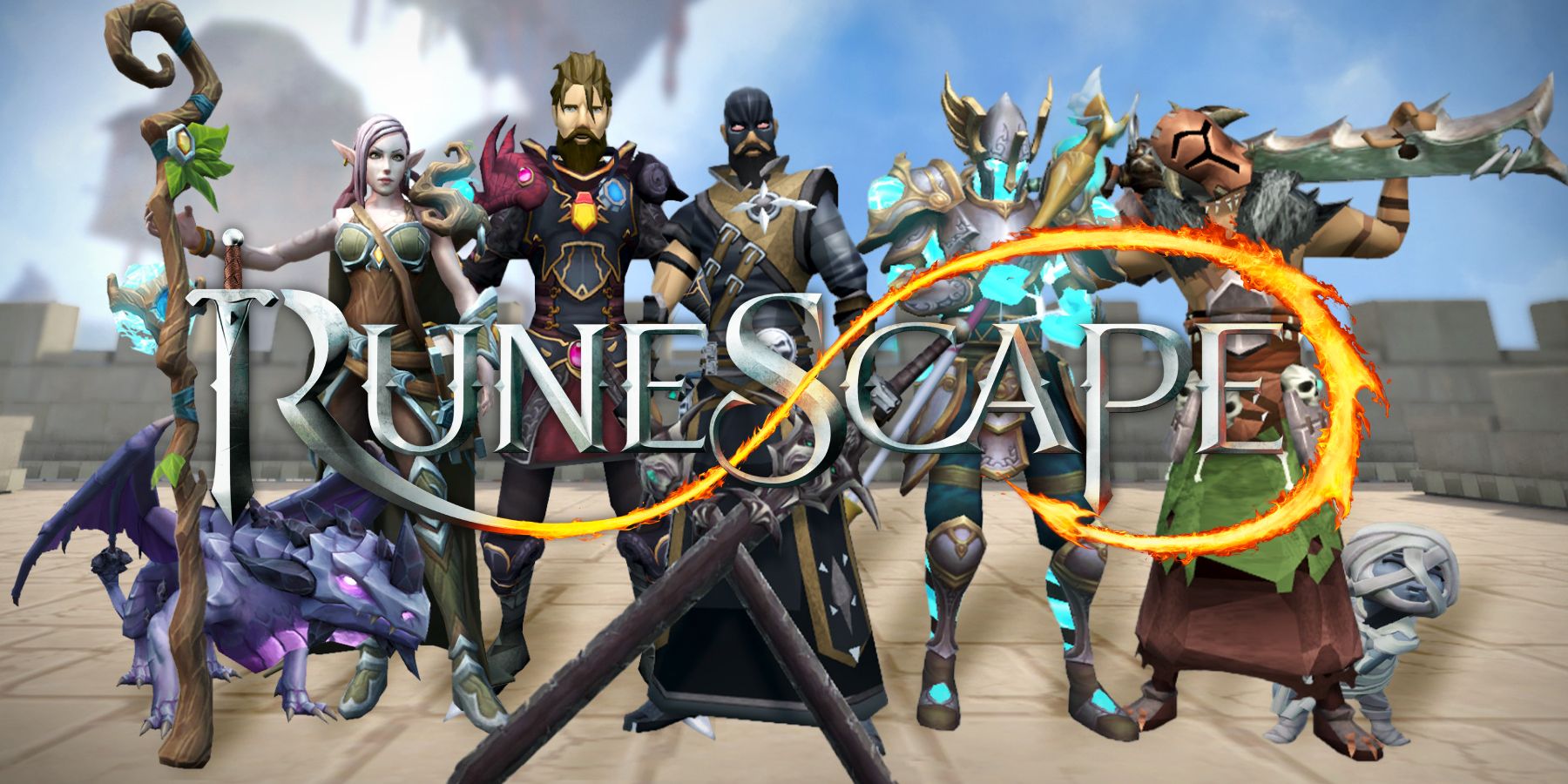 Runescape title with several players behind it