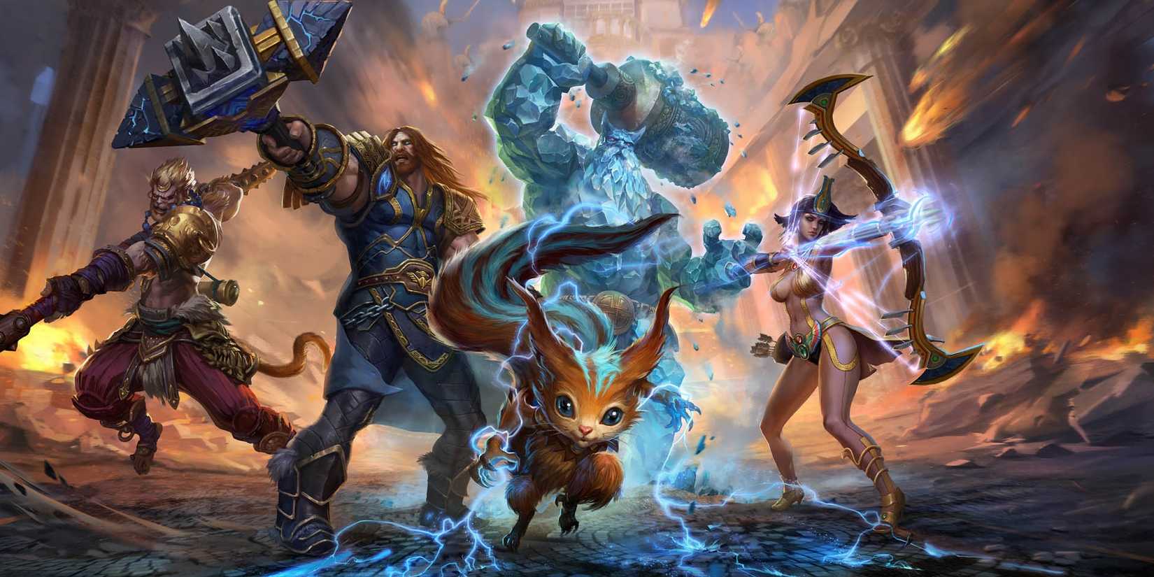 smite loading screen featuring gods and other characters