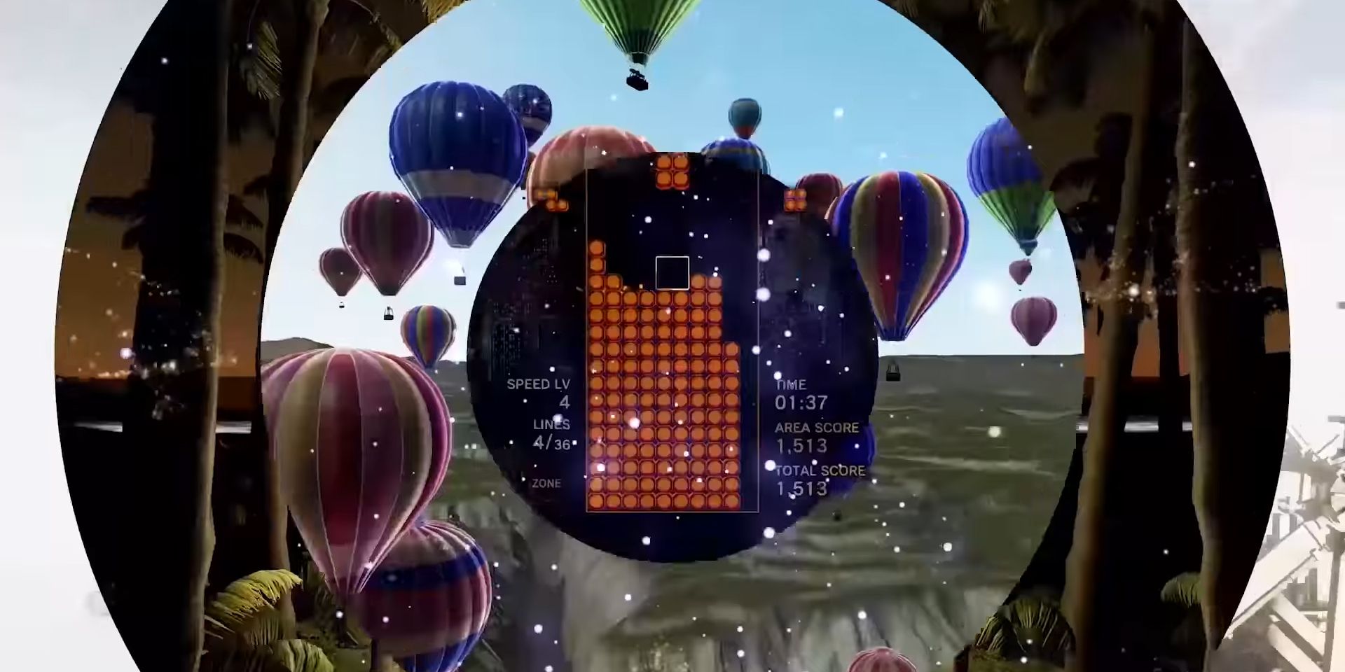 Tetris Effect level in VR showing the game surrounded by hot air balloons.