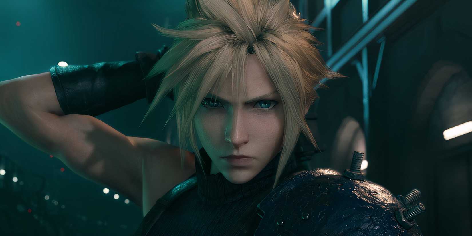Final Fantasy 7 Cloud holding a sword behind his back.