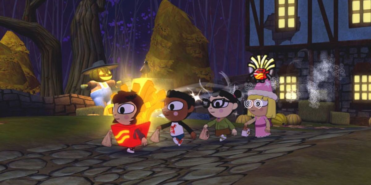 Costume Quest characters in halloween costumes walking in an evening town