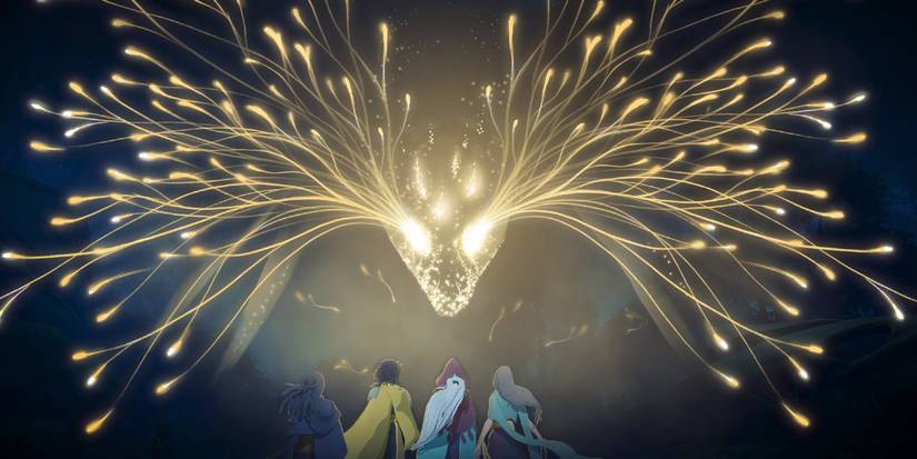 Three characters looking at a giant glowing deer head with glowing branches sprouting from it in Everwild.