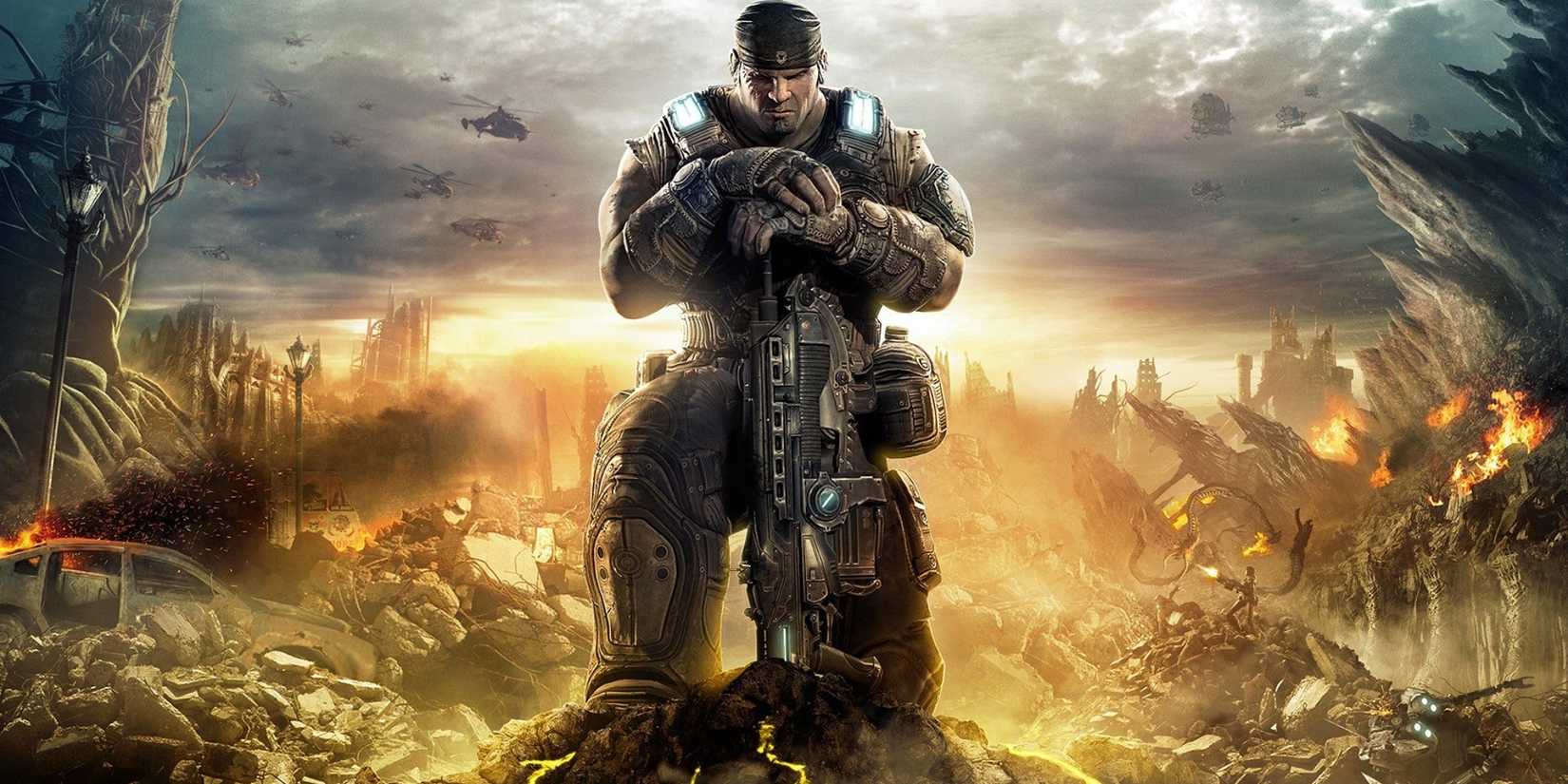 Key art of Marcus standing in front of a ruined city in Gears of War 3