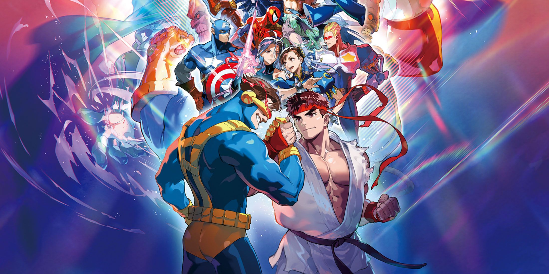 Arte principal de Marvel vs. Capcom Fighting Collection: Arcade Classics, mostrando Ciclope e Ryu apertando as mãos com outros personagens dispostos atrás deles.