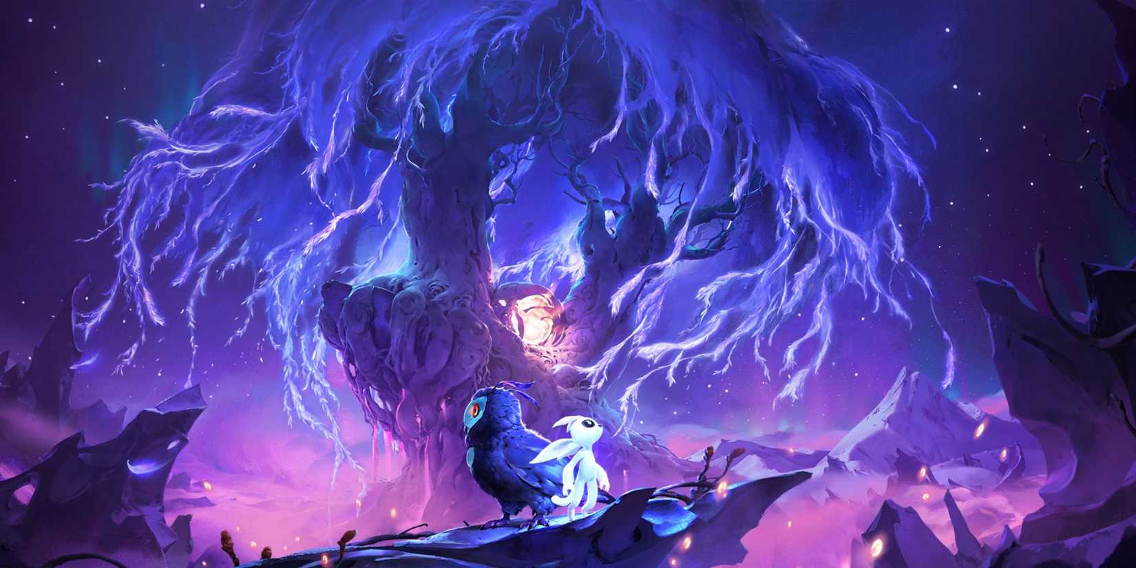 Ori and the will of the wisps characters against a purple background with a wispy tree