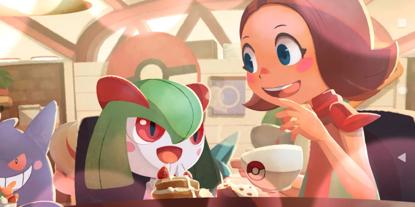 A trainer and her Pokemon drinking coffee in Pokemon Cafe Mix.