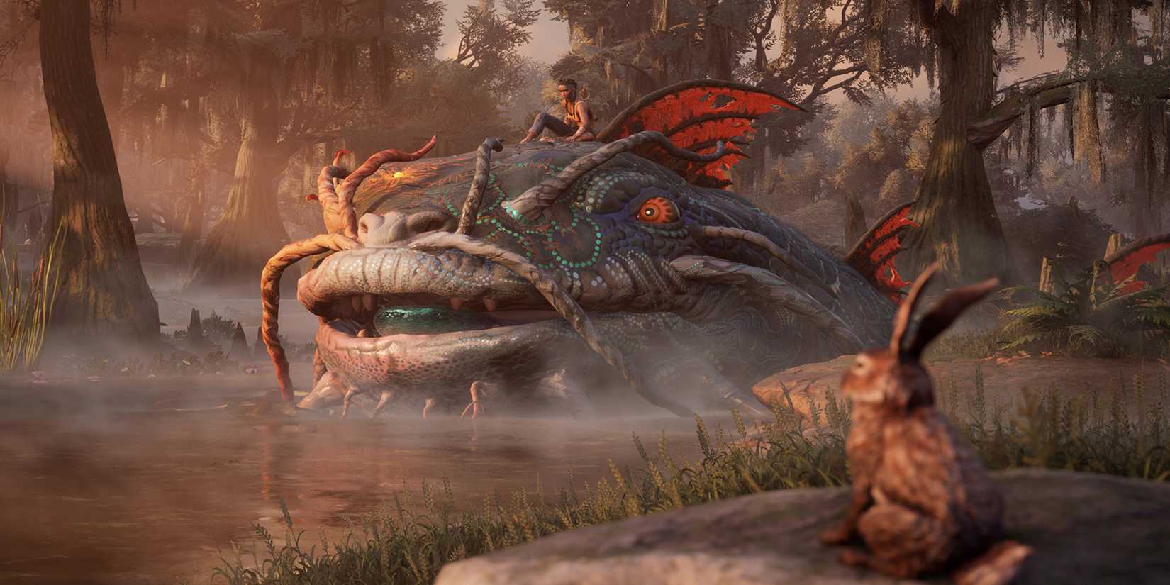 Hazel riding a giant catfish creature in South of Midnight.