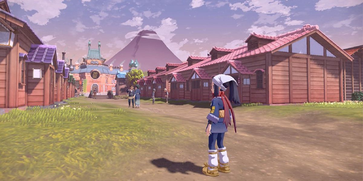 The player looking out at Jubilife Village in Pokemon Legends Arceus.