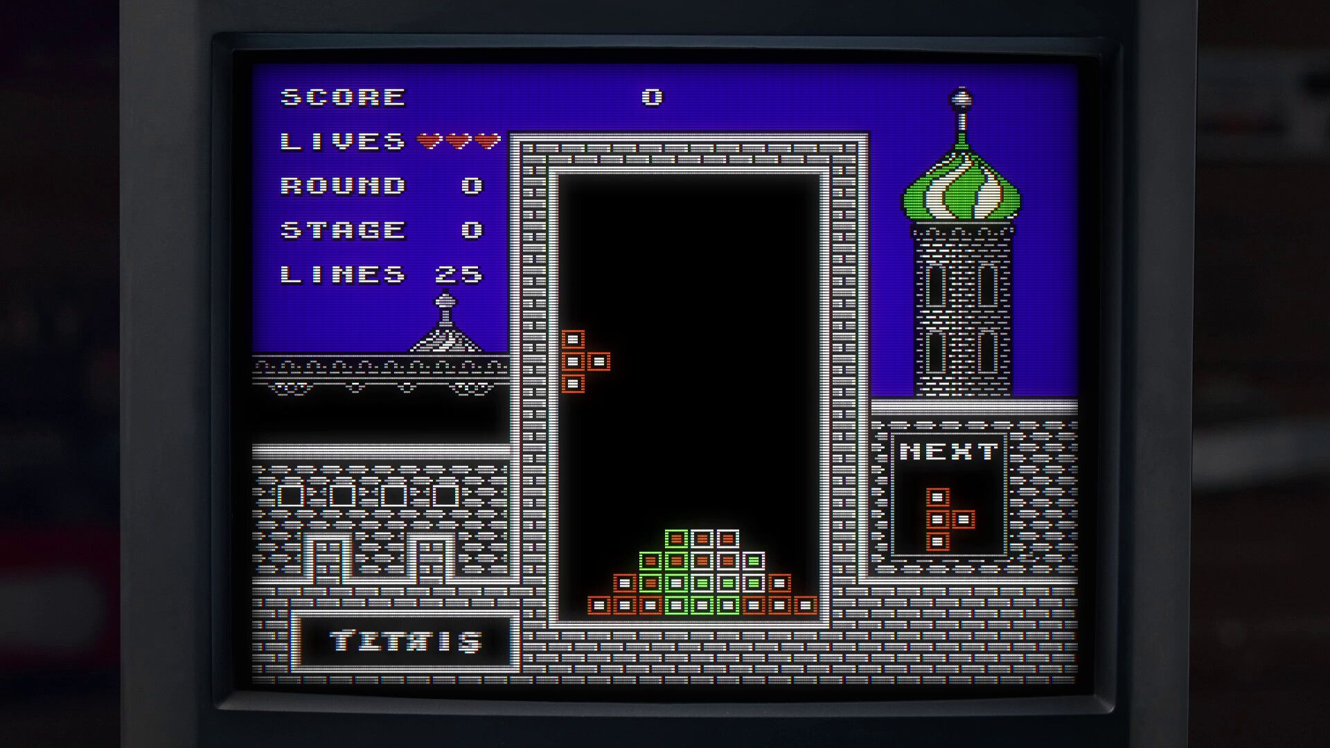 Tetris Forever level showing the game inside a castle framing.