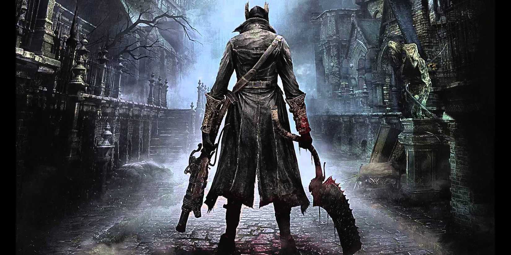 The Hunter standing with a sword and pistol in Bloodborne.