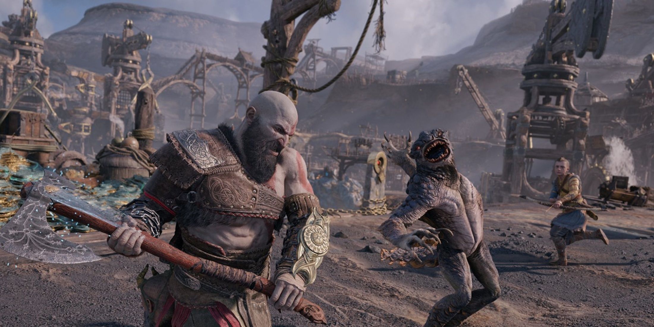 Kratos battling a creature in God of War: Ragnarök, with Atreus assisting in the background.
