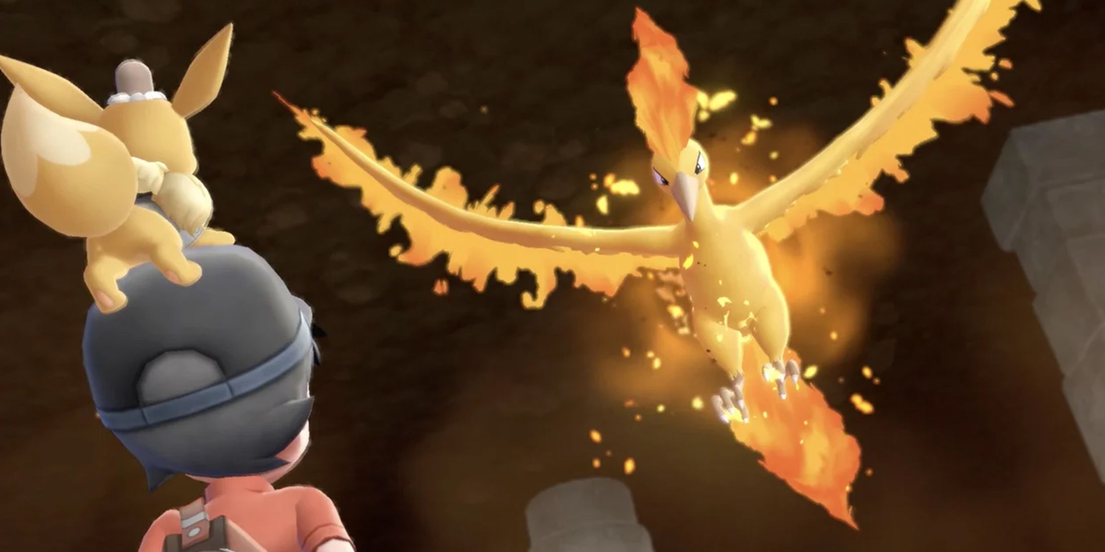 Moltres flying over the player in Pokemon Let&rsquo;s Go Pikachu and Eevee