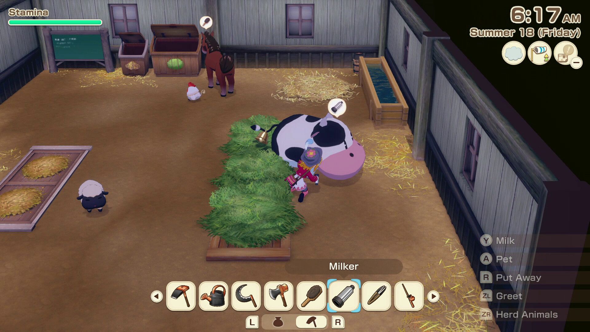 Story Of Seasons Grand Bazaar player milking a cow.