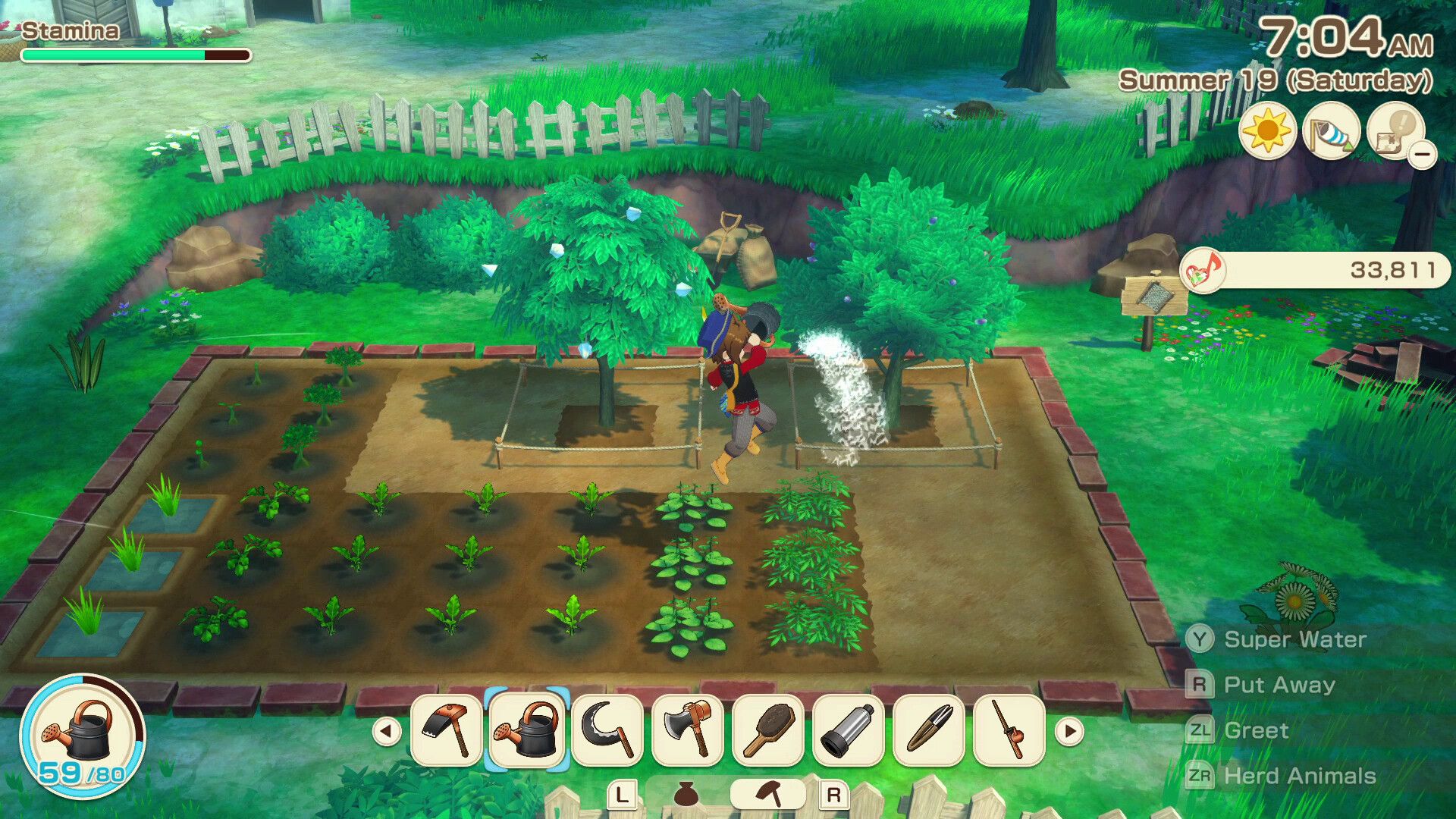 Story Of Seasons Grand Bazaar player jumping over crops to water them.